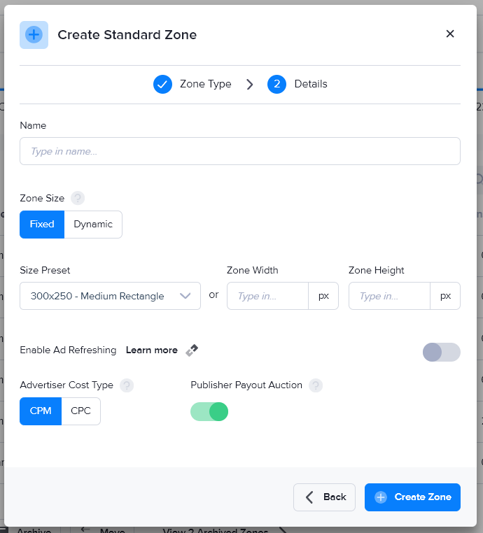 Creating a standard zone in AdButler