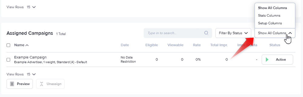 How to view different columns in the table of campaigns in a channel section in AdButler