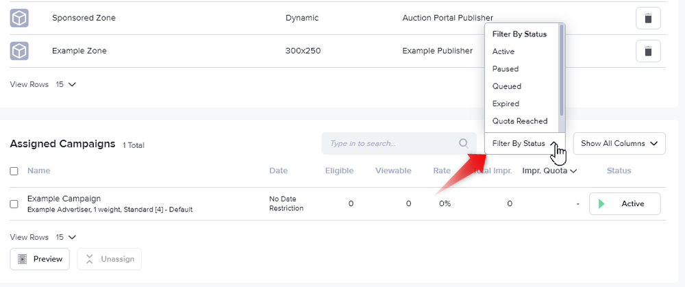 How to filter the table of campaigns in a channel section in AdButler