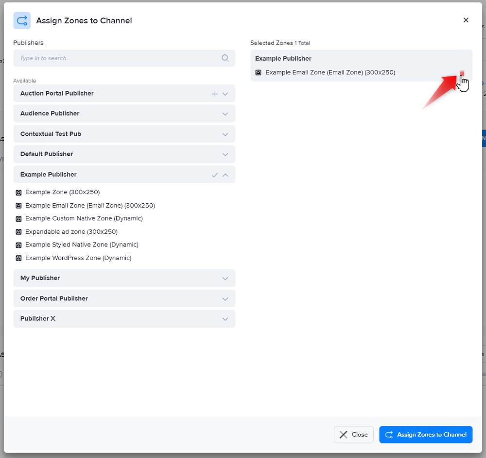 Deselecting a zone from the assign to channel window