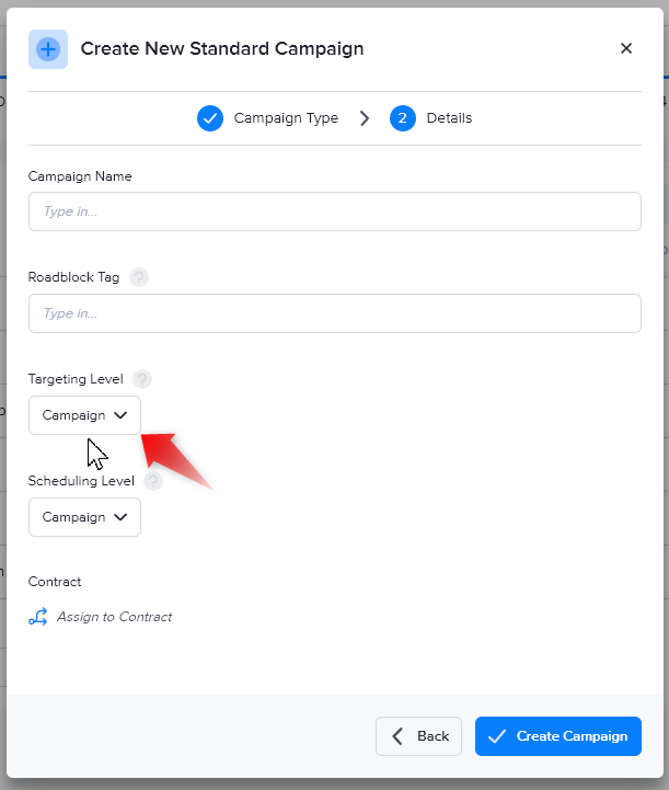 Selecting a campaign's targeting level in AdButler