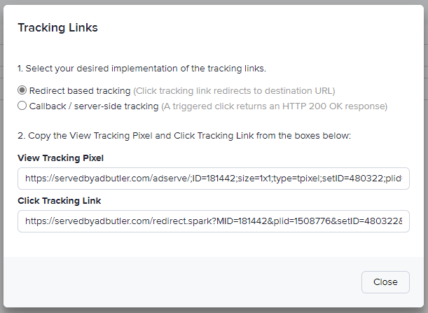 The Manual Tracking Links window in the ad item assignment details page