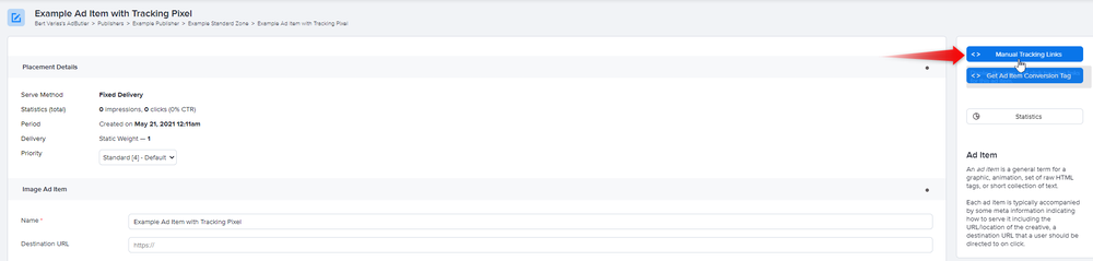 The Manual Tracking Links button in the ad item assignment details page