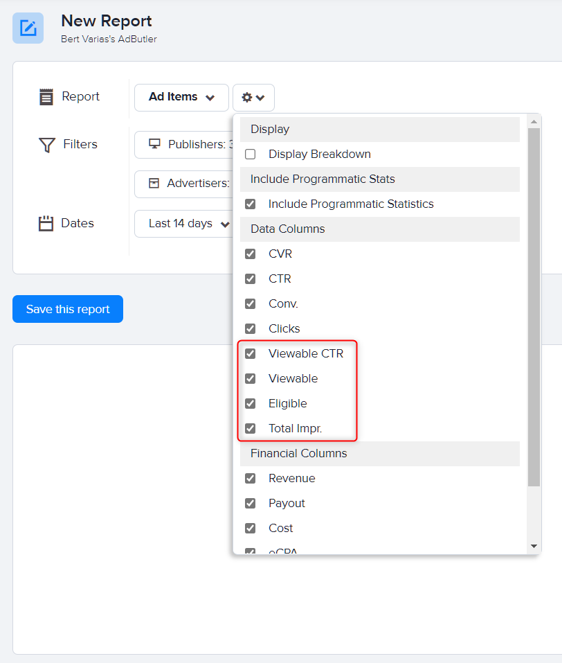 The viewability metrics in AdButler statistics reports