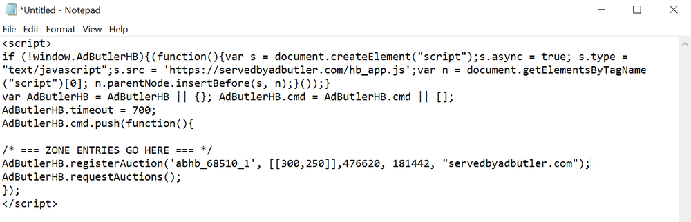 A header bidding header script with a zone entry code