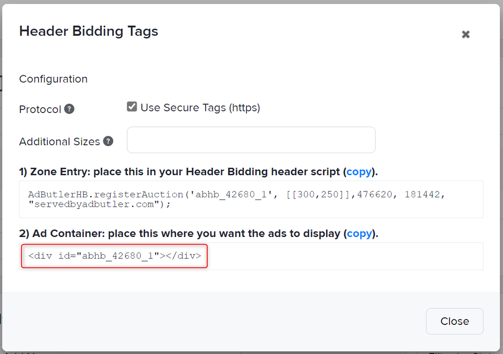 The zone ad container for header bidding