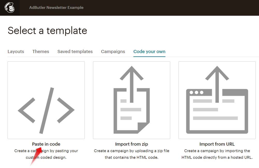 The paste code option in Mailchimp's email template creator