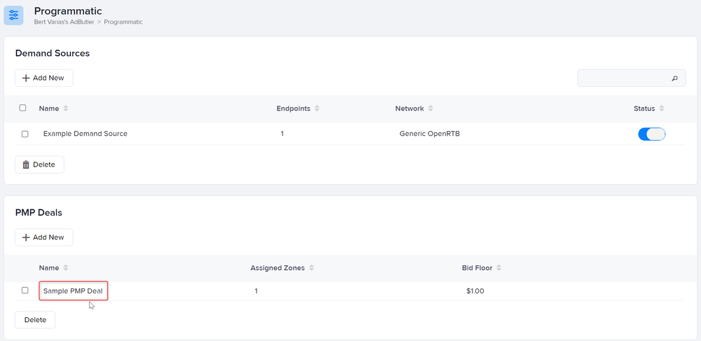 The table of PMP Deals in the Programmatic section