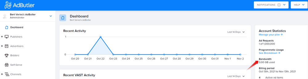 The bandwidth indicator in the AdButler dashboard