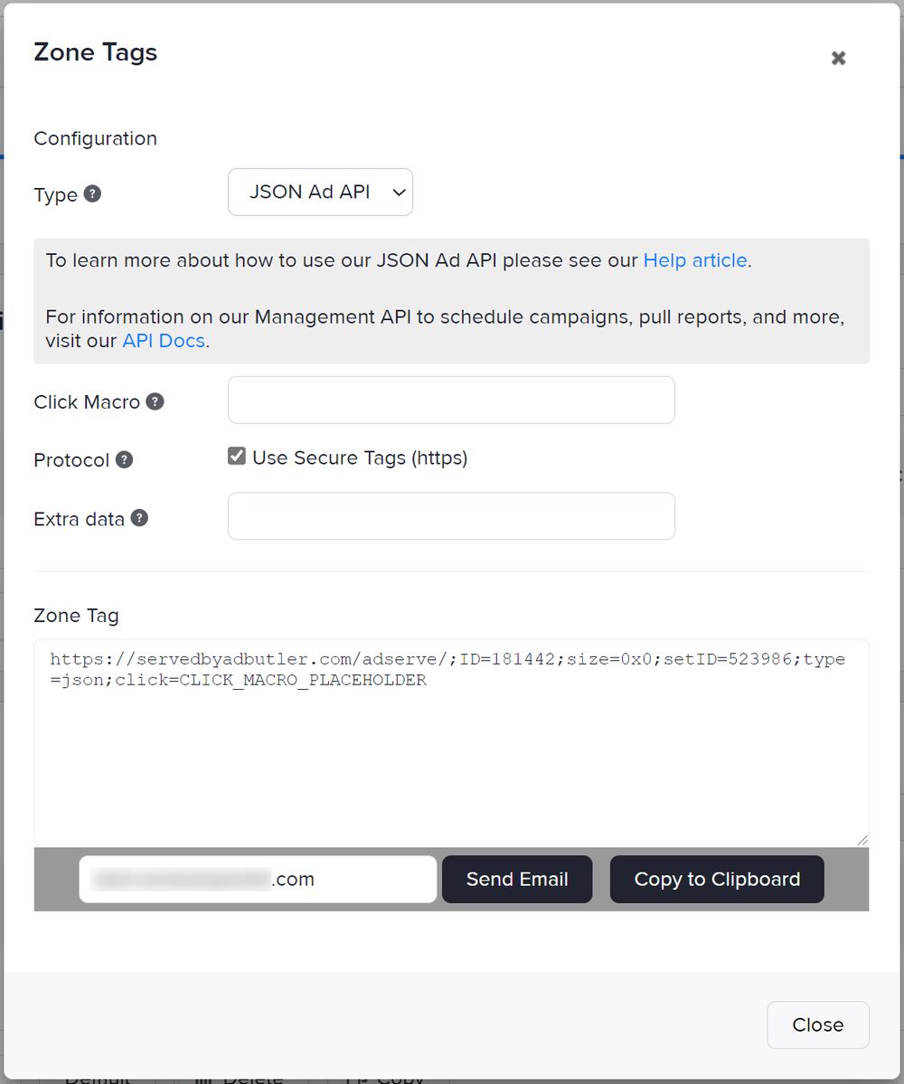 Sample JSON Ad API zone tag