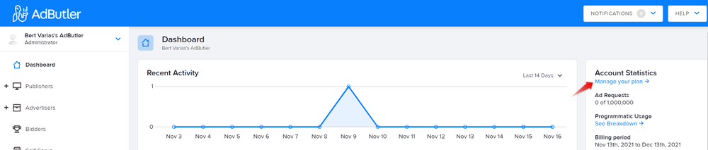 The link to manage your plan in AdButler