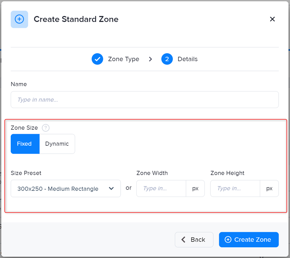 Configuring the size of a new zone