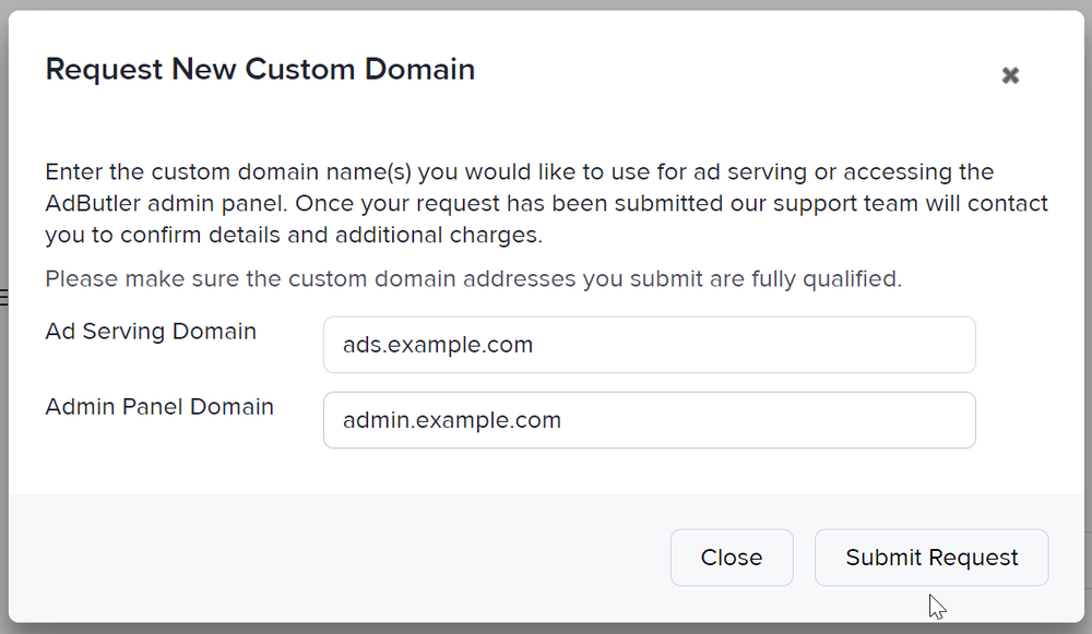 The custom domain window in AdButler