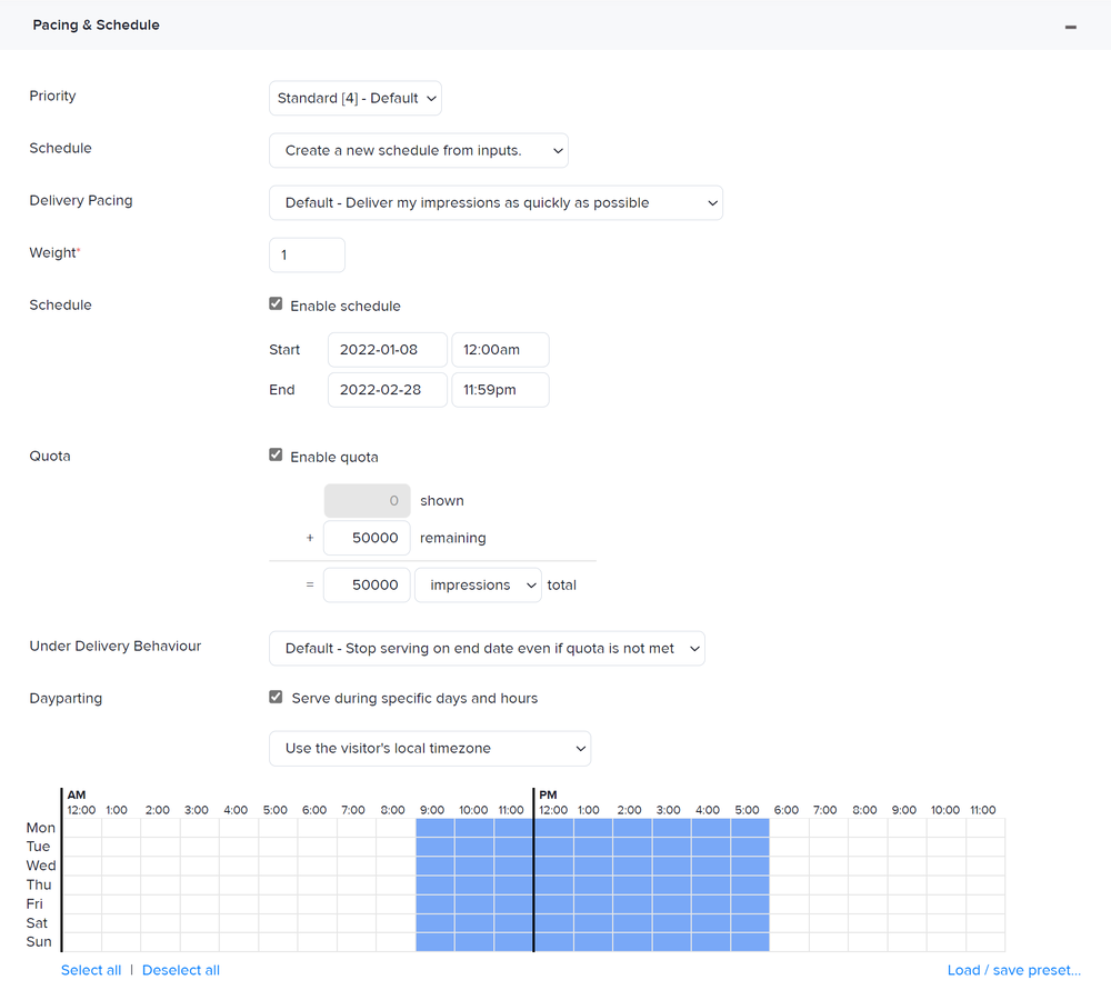 How to fill in the Pacing & Schedule options