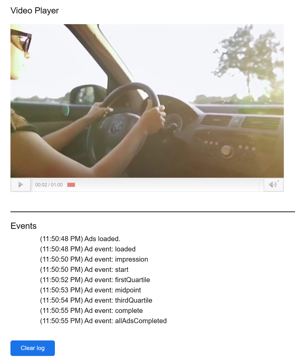 The events log of Google's VAST ad tester