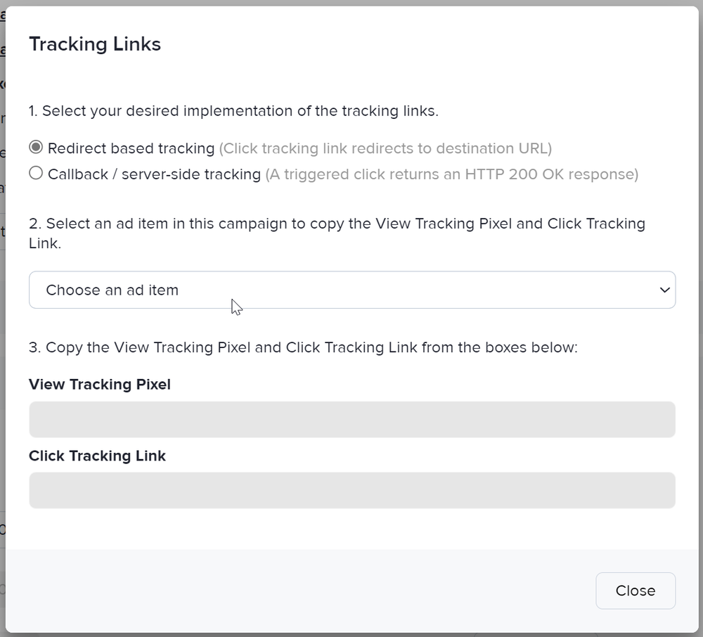 The Tracking Links window in the campaign assignment details page