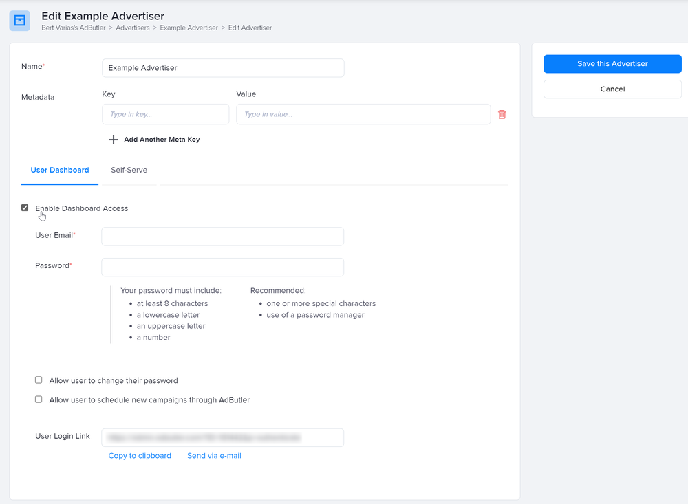 Enabling user login in the Edit Advertiser Properties page