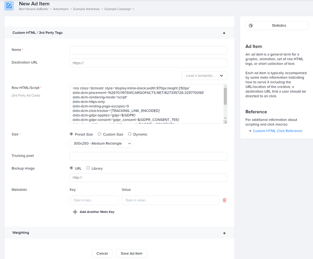Creating a Custom HTML/Third Party Tag ad item in AdButler