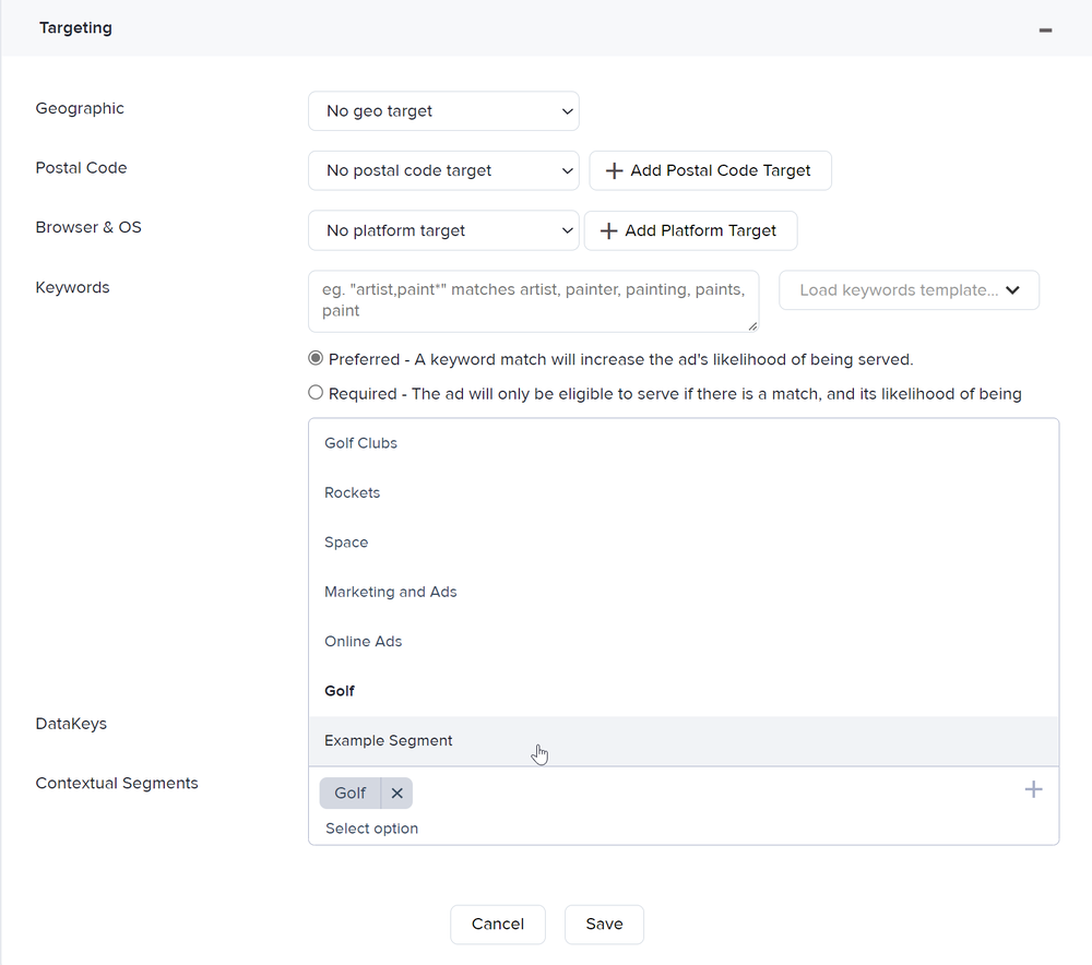 The Contextual Segments field in a campaign's assignment details