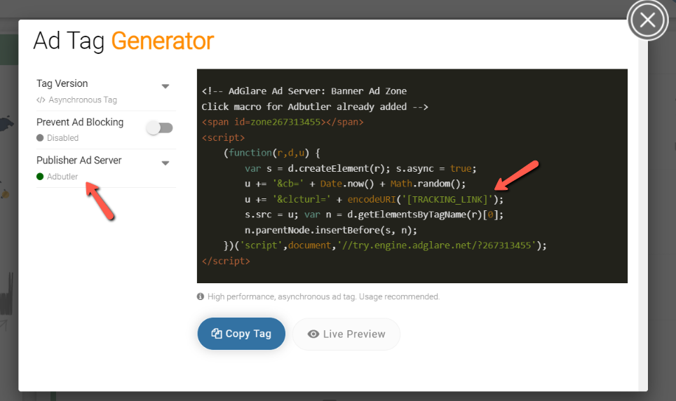 Adding AdButler's click tracking macro in Ad Glare tags