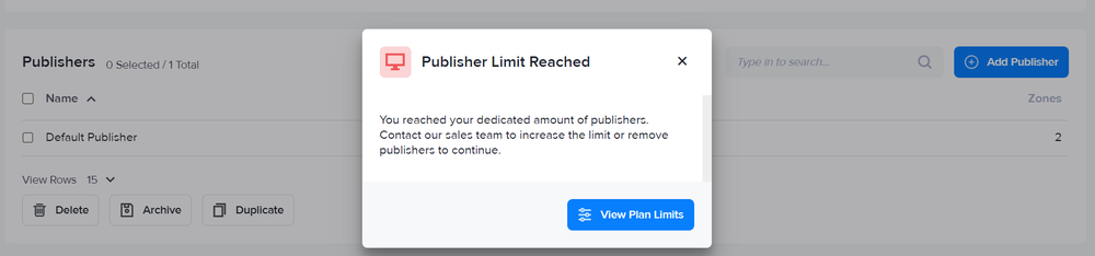 The publisher limit reached notification in AdButler