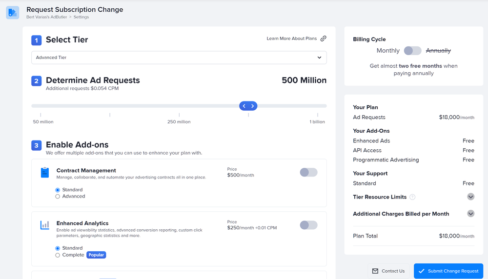 The Request Subscription Change page in AdButler