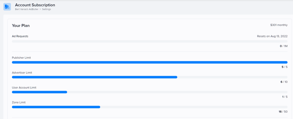 The resource limits in the Account Subscription page