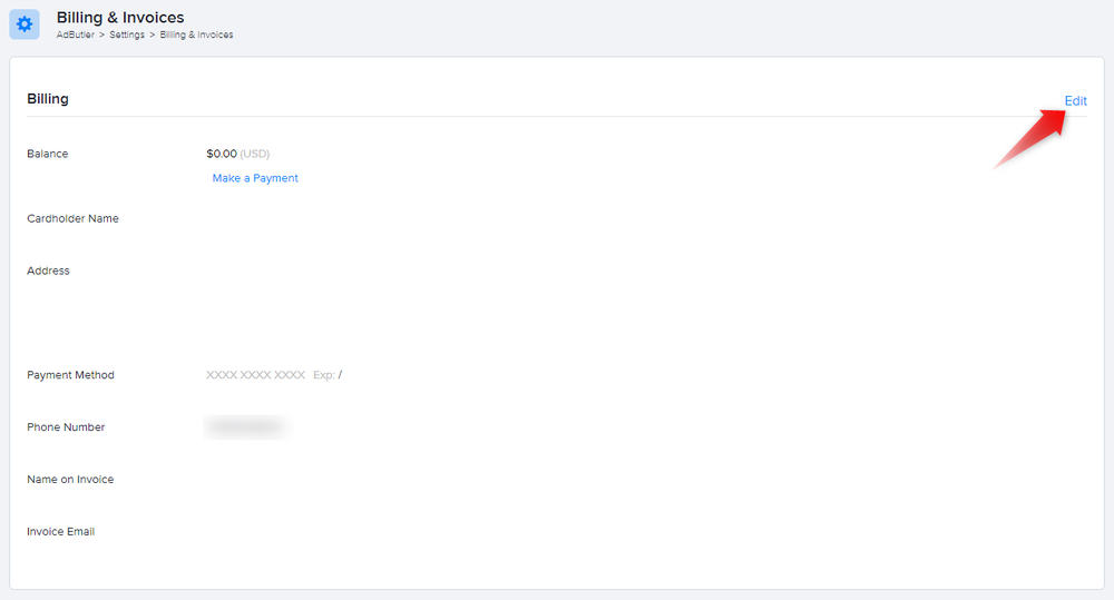 The Edit button in the Billing & Invoices section
