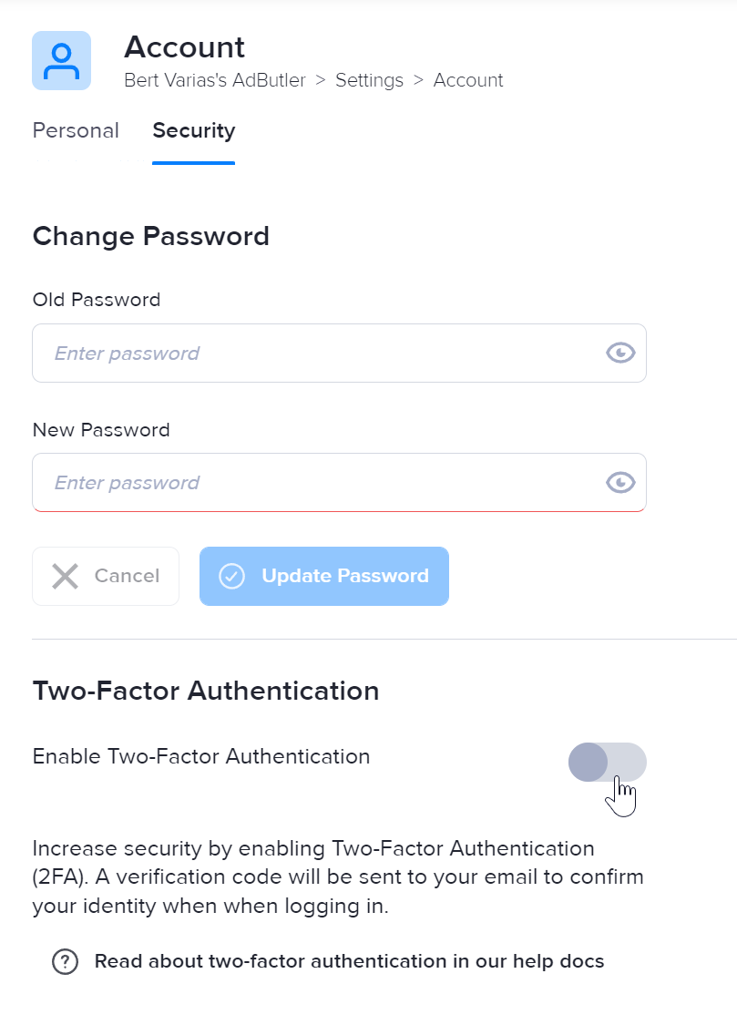 The two-factor authentication switch in AdButler account security settings