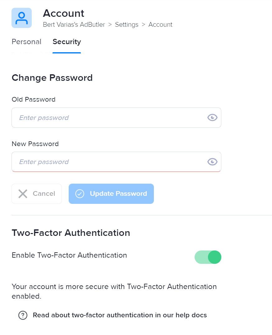 The Security Account settings in AdButler