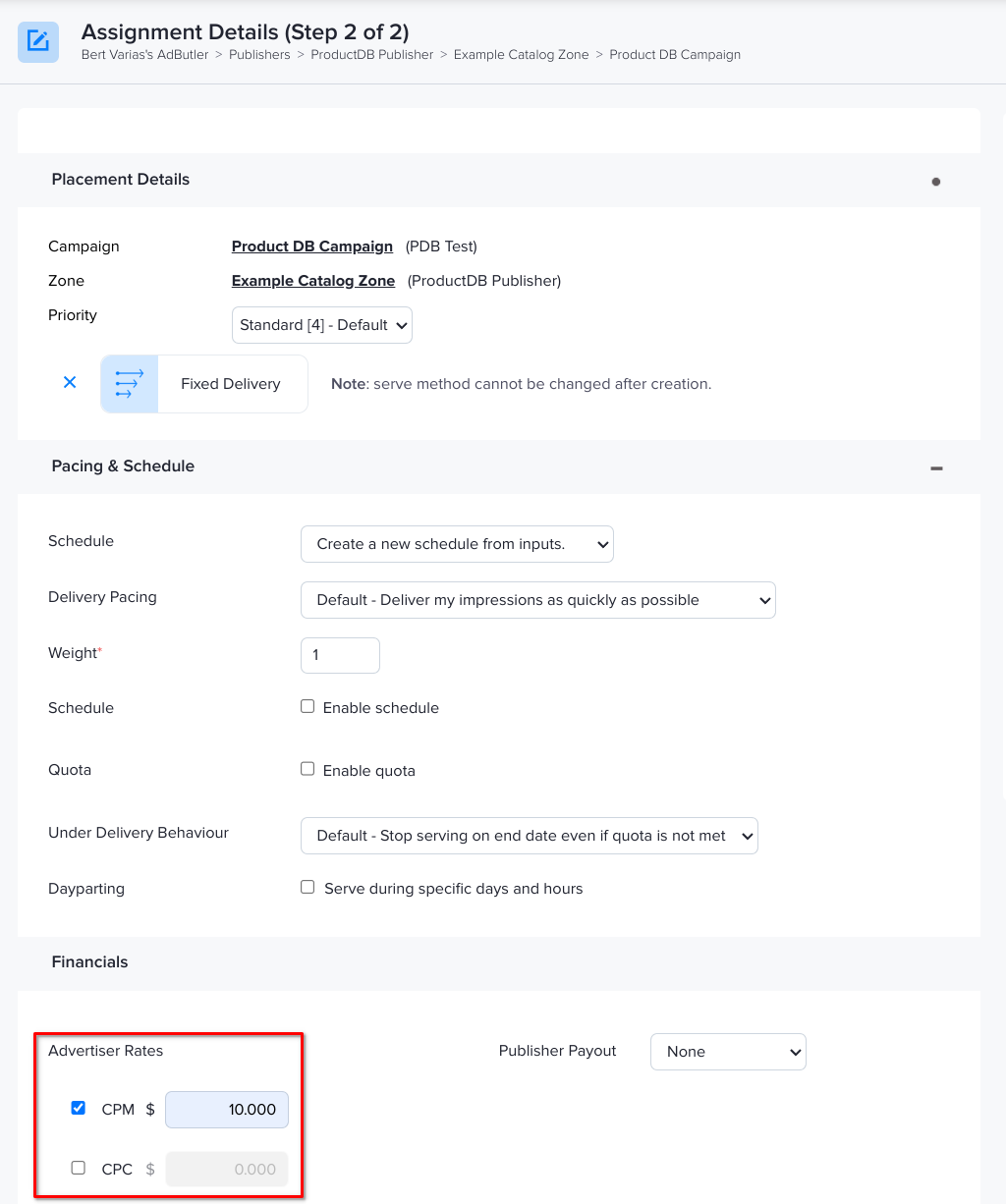 Setting a campaign assignment's CPM and CPC fields in AdButler