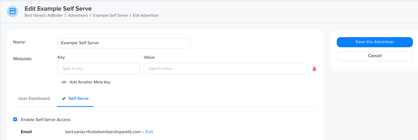 How to edit a Self-Serve advertiser's email in AdButler