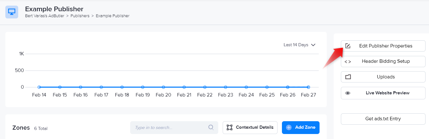 The Edit Publisher Properties button in AdButler