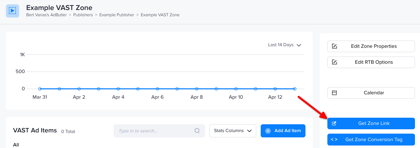 The Get Zone Link button in AdButler