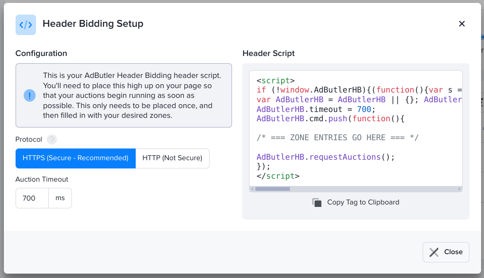 The header bidding header window in AdButler