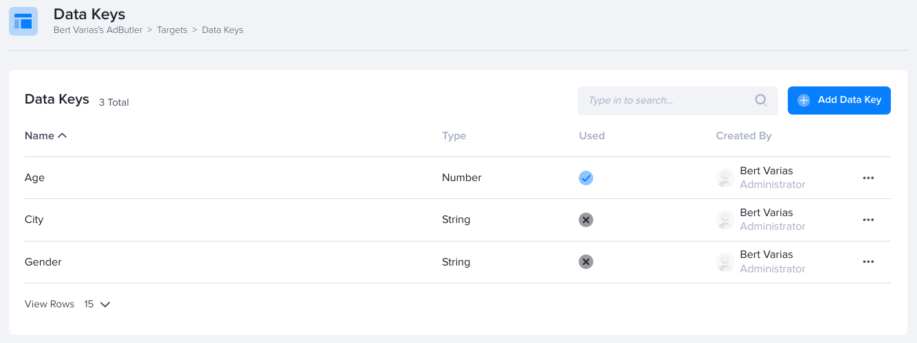 The Data Keys subsection in AdButler