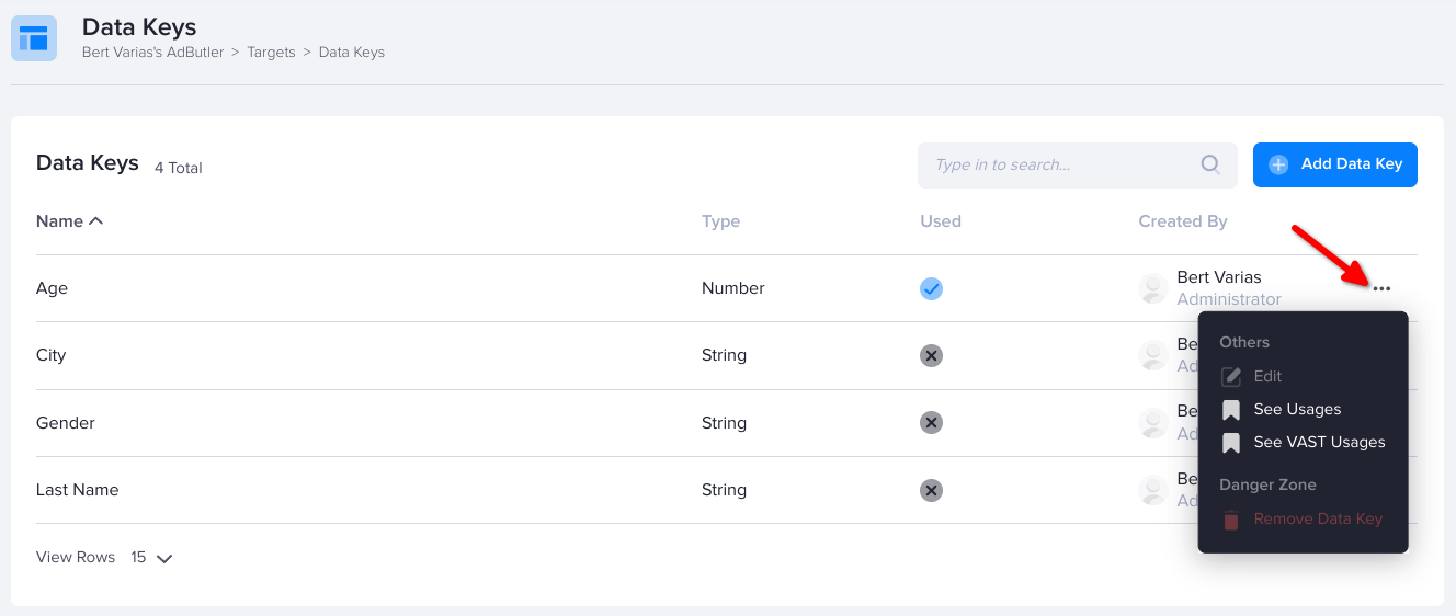 How to view the placements where a data key is being used in AdButler