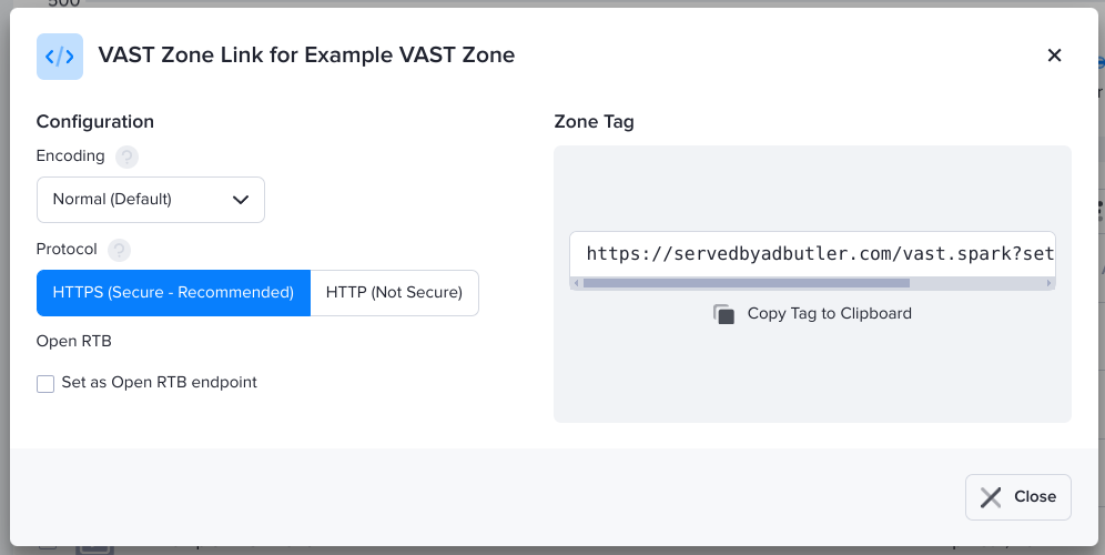 The VAST Zone Tags window in AdButler