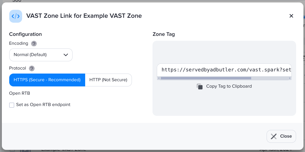 The Zone Tags window of a VAST zone in AdButler