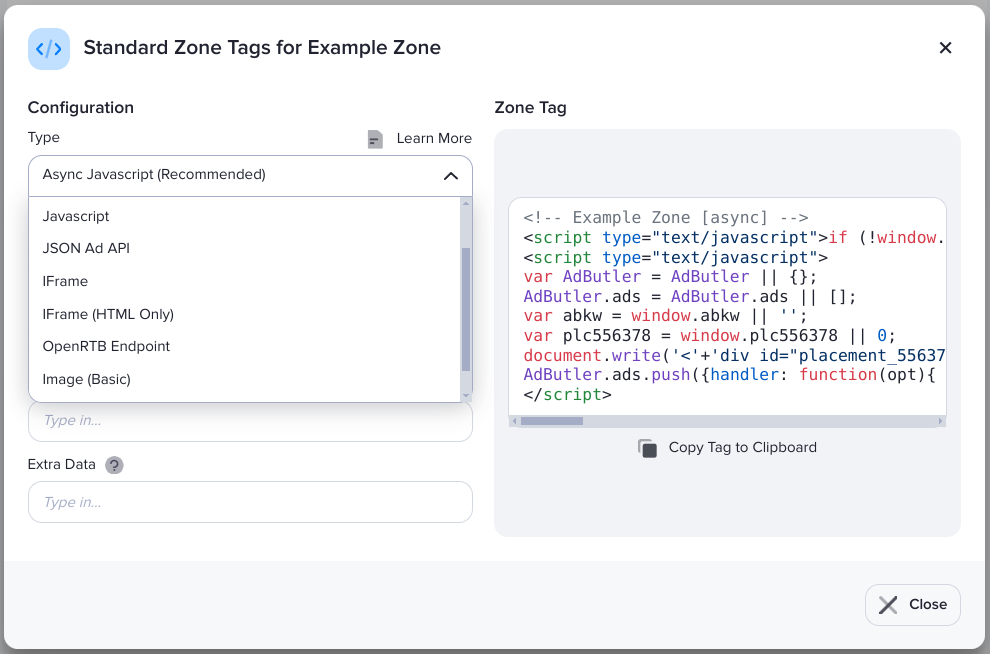 The types of zone tags in AdButler