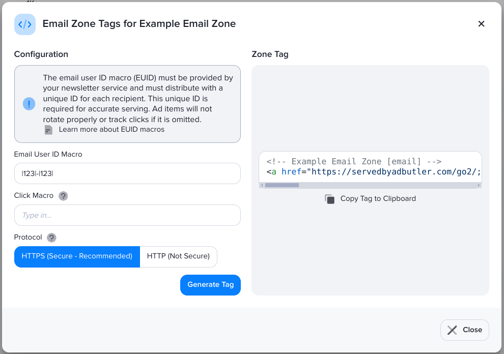 Configuring an email zone tag in AdButler