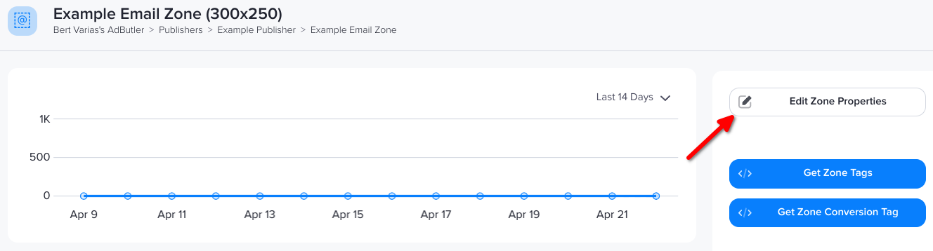 The Edit Zone Properties button in AdButler