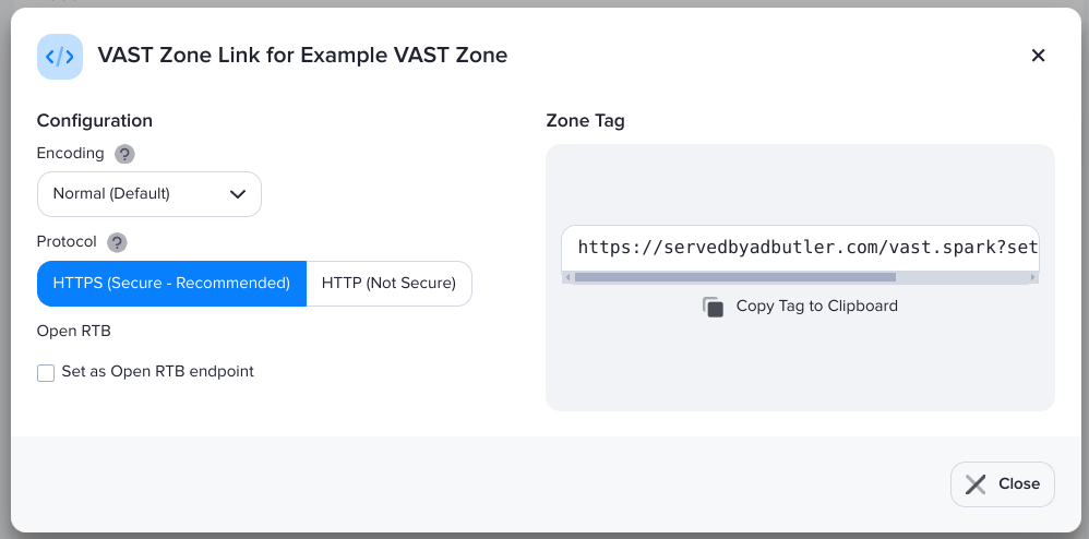 The VAST Zone Tag window in AdButler