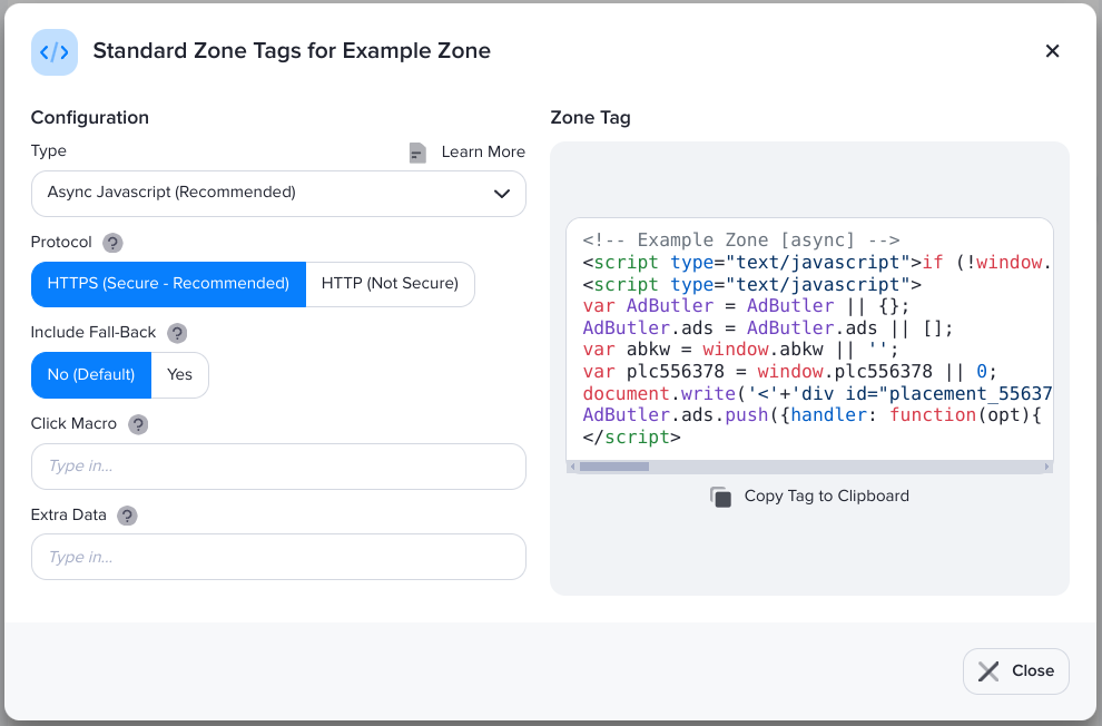 The Zone Tags window in AdButler