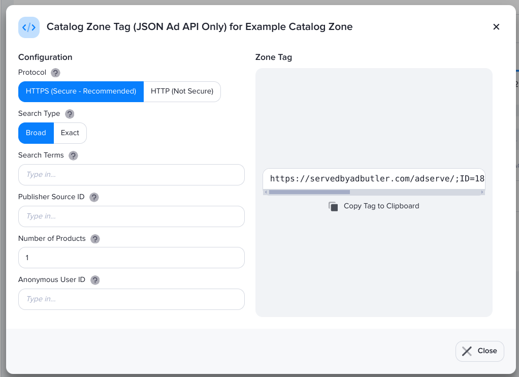 The zone tag window of a catalog zone in AdButler