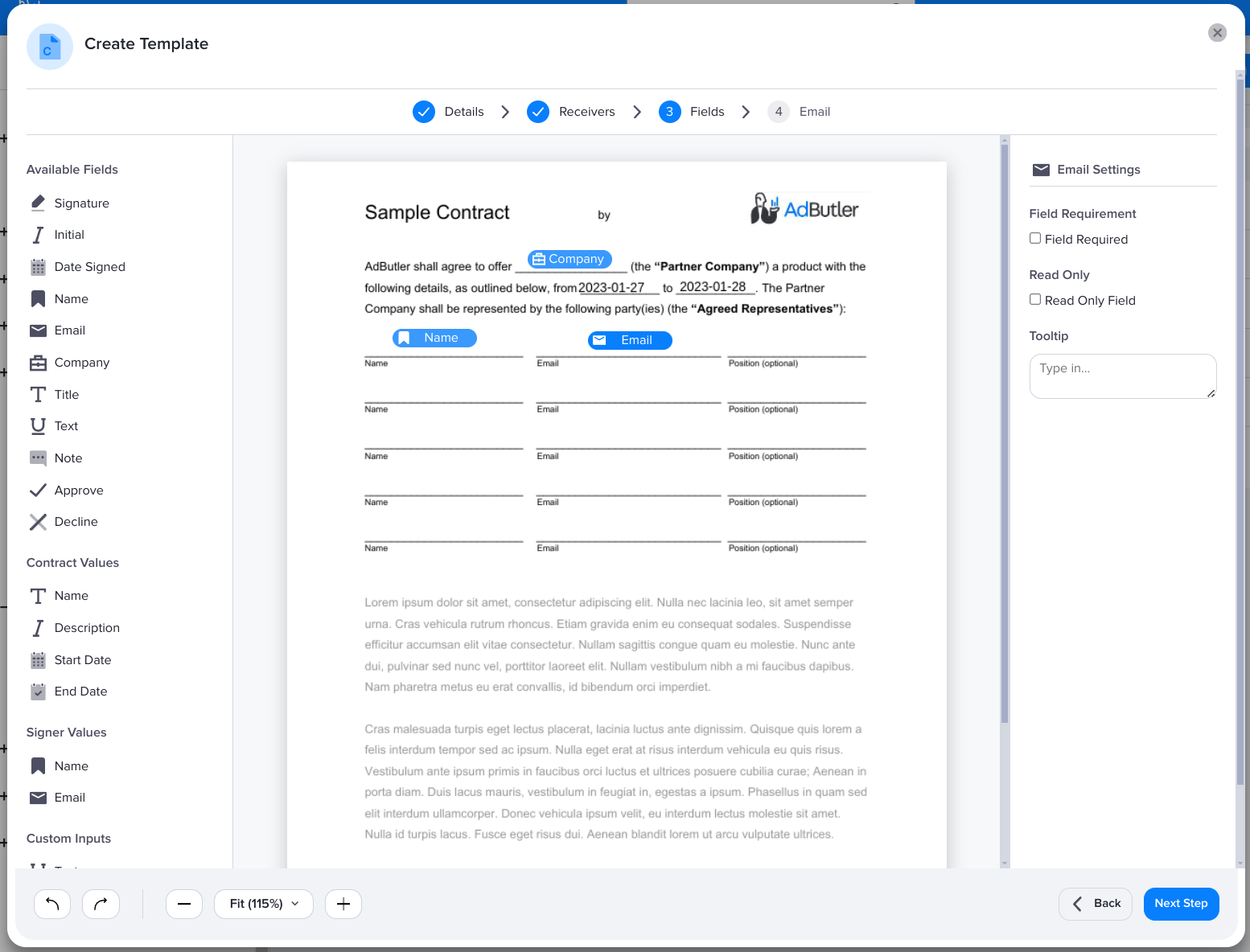 Adding fields in a contract template in AdButler