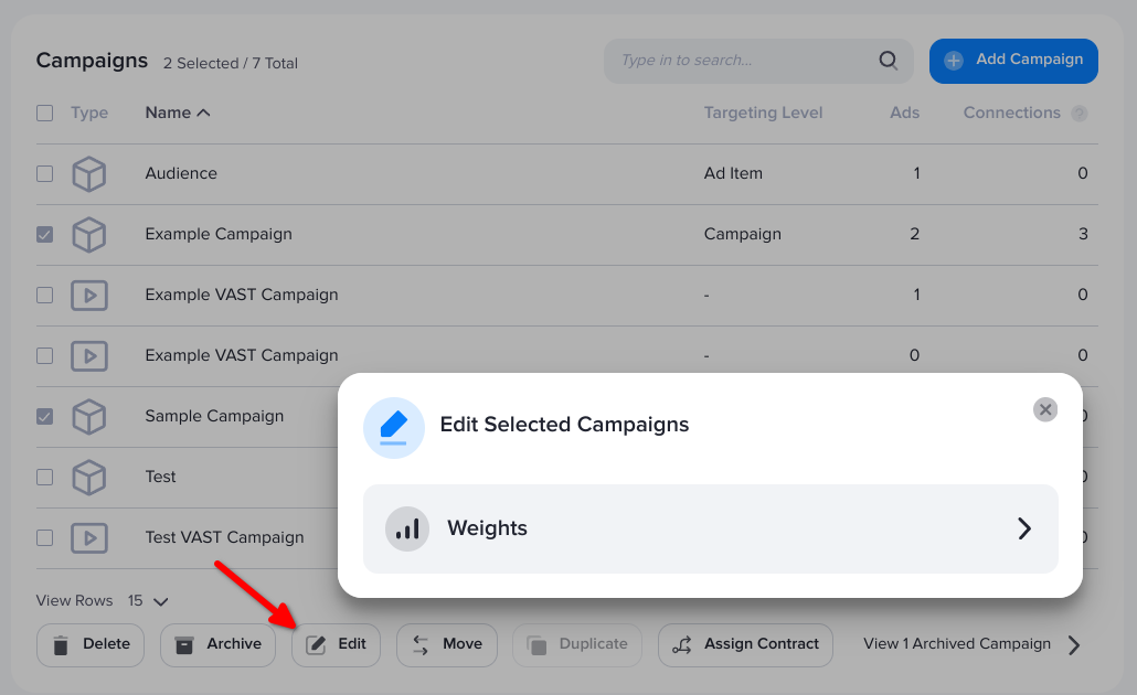 Bulk editing campaign weights in AdButler