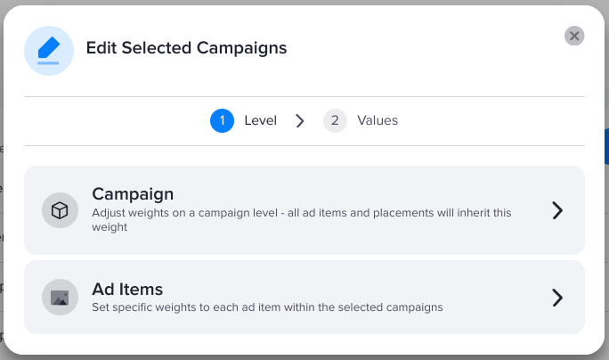 The bulk edit weight window in AdButler