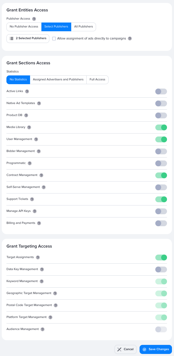 A role's permission settings in AdButler