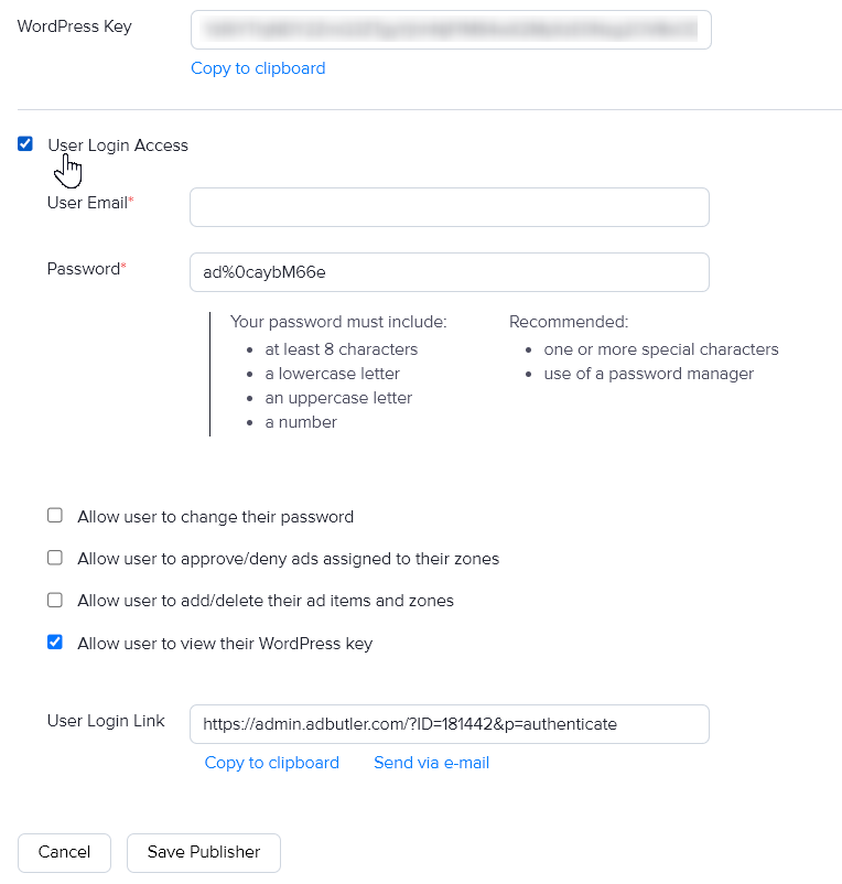 Creating a publisher user account in AdButler